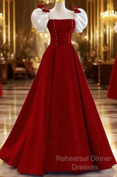 Modest A Line Long Short Sleeves Satin Red Semi Formal Prom Dresses
